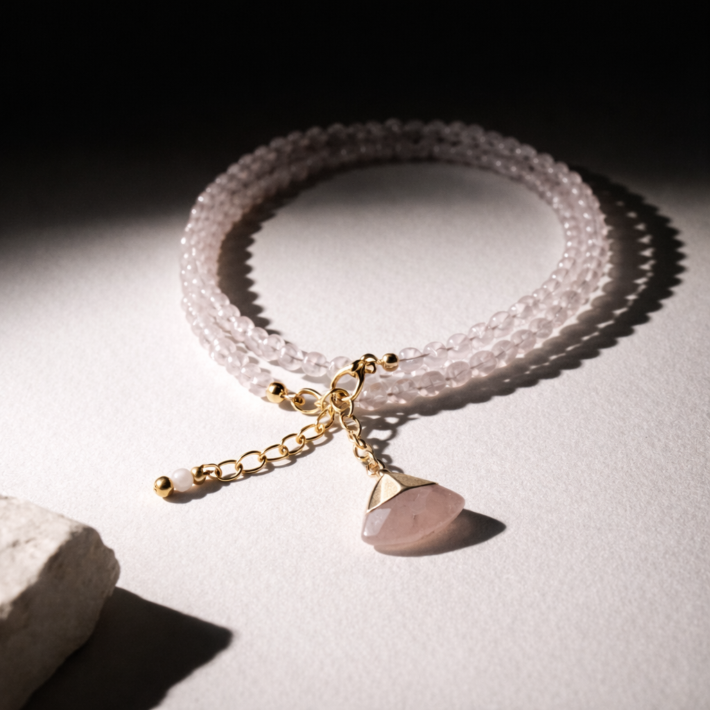 Rose Quartz Double Bracelet with Charm - Gold