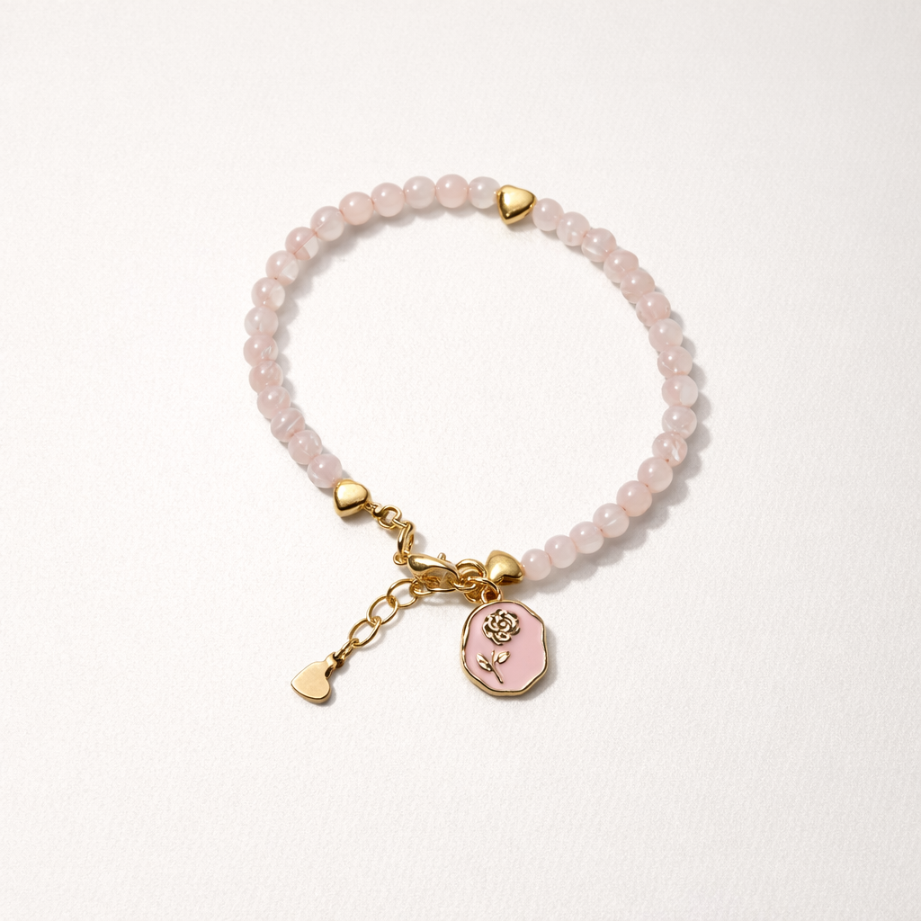 Rose Quartz Bracelet with Charm - Gold