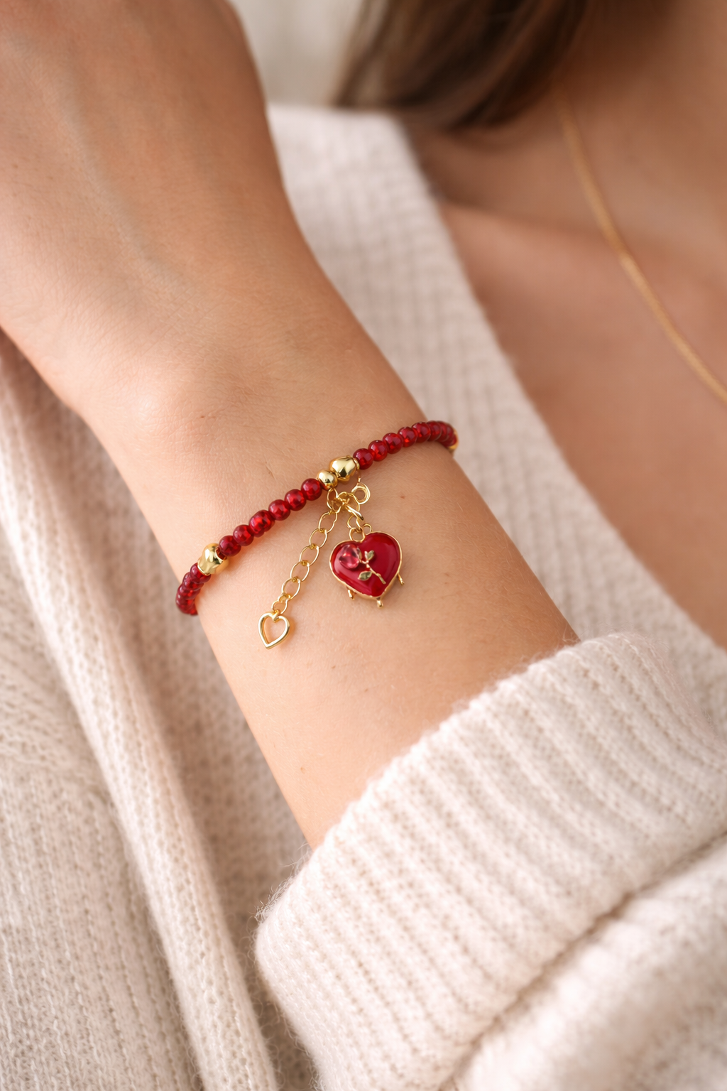 Red Bracelet with Heart Charm - Gold