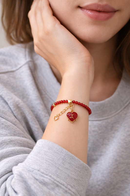 Red Bracelet with Heart Charm - Gold
