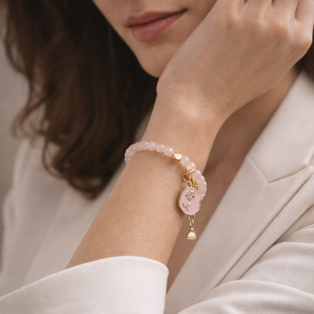 Rose Quartz Bracelet with Charm - Gold