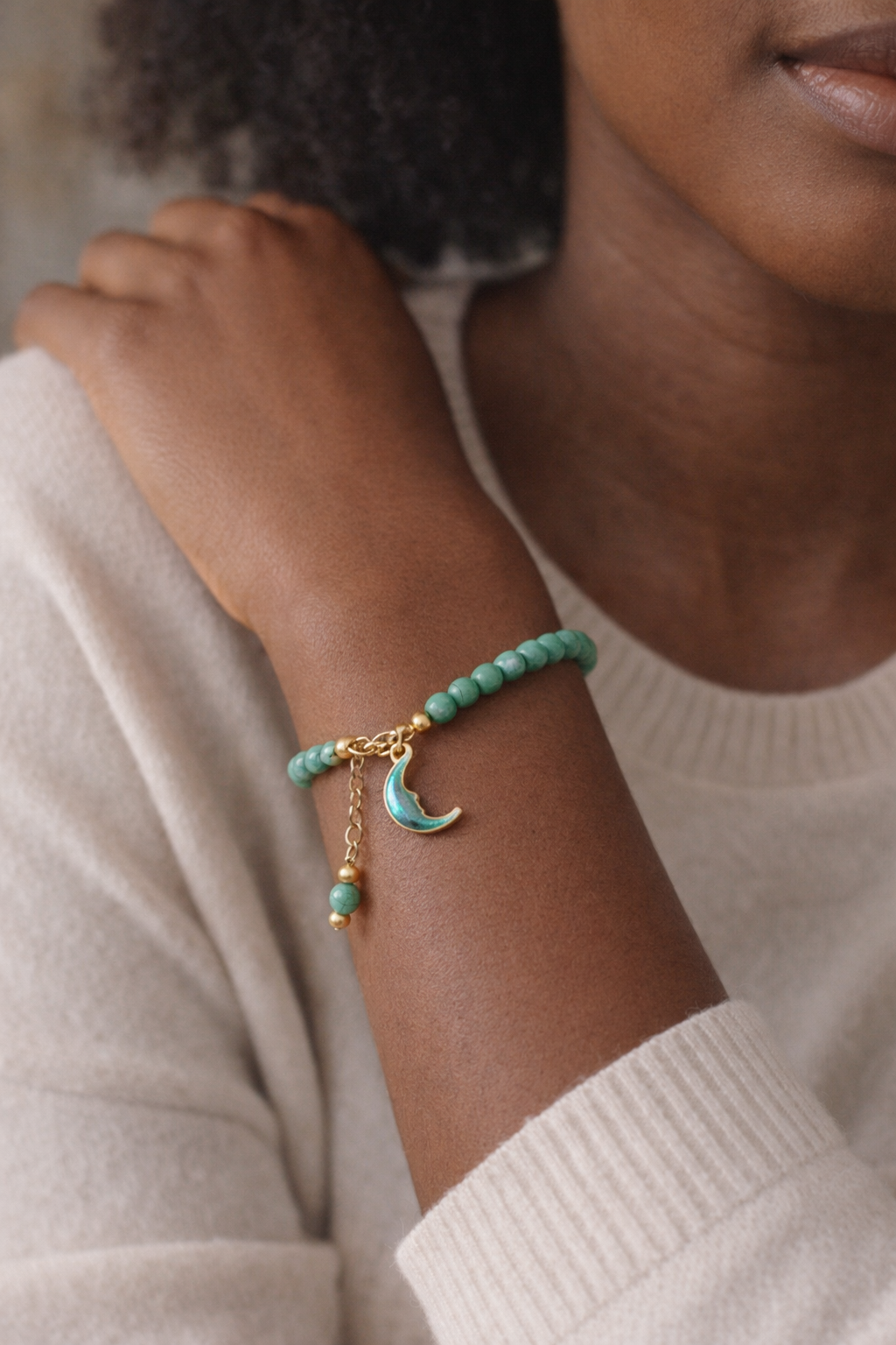 Green Turquoise Bracelet with Half Moon Charm - Gold