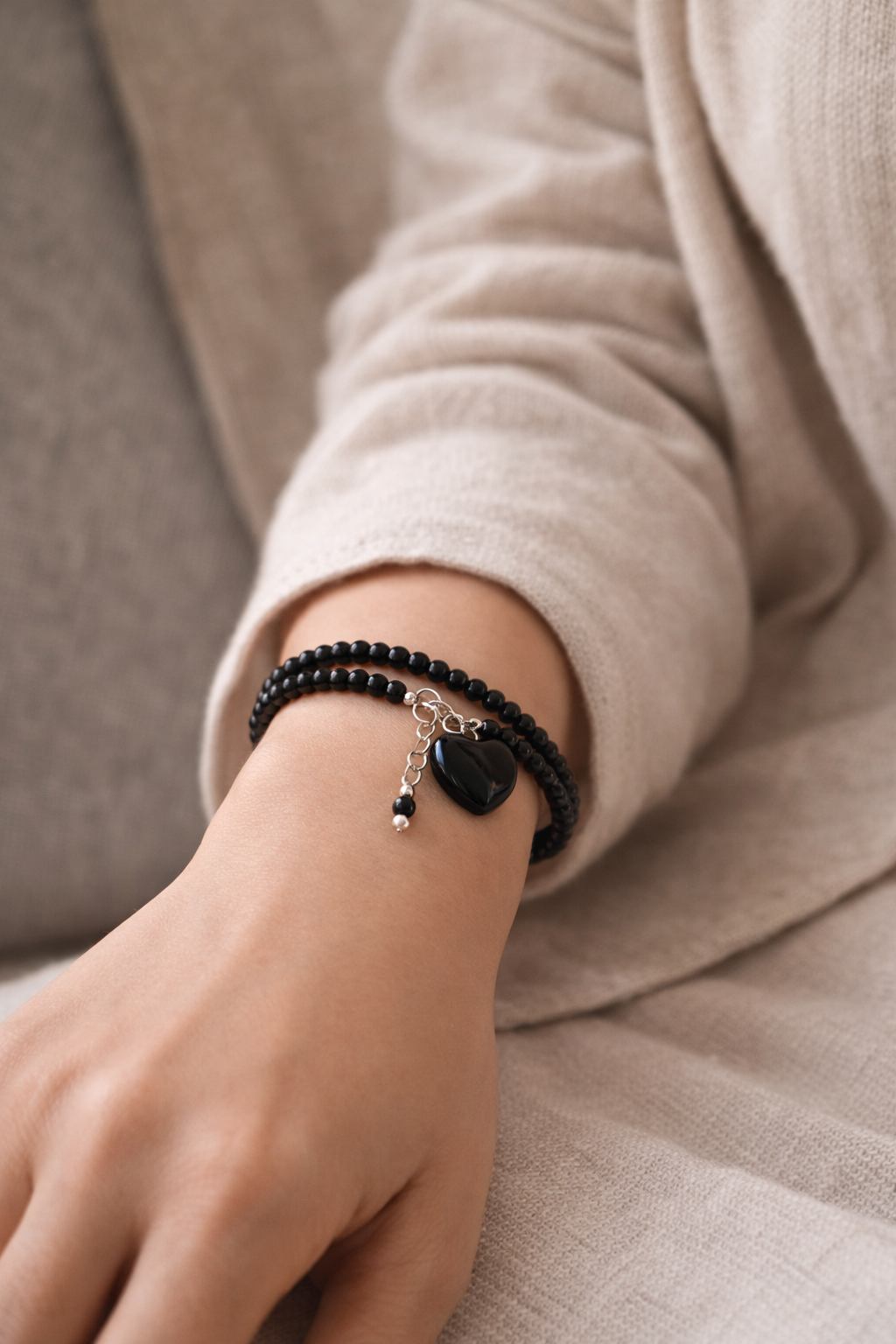 Obsidian Double Bracelet With Heart Charm - Silver