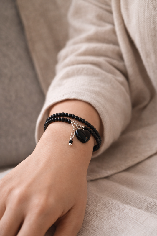 Obsidian Double Bracelet With Heart Charm - Silver
