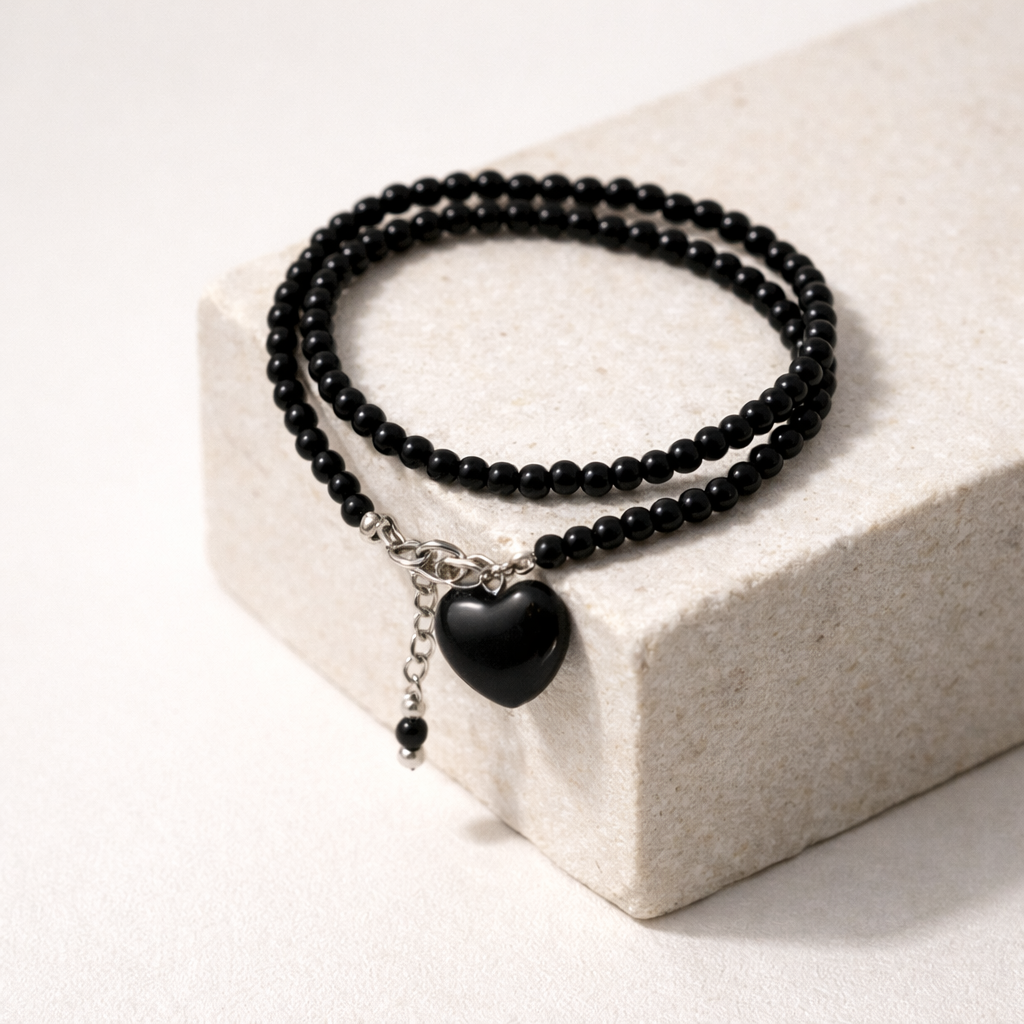 Obsidian Double Bracelet With Heart Charm - Silver