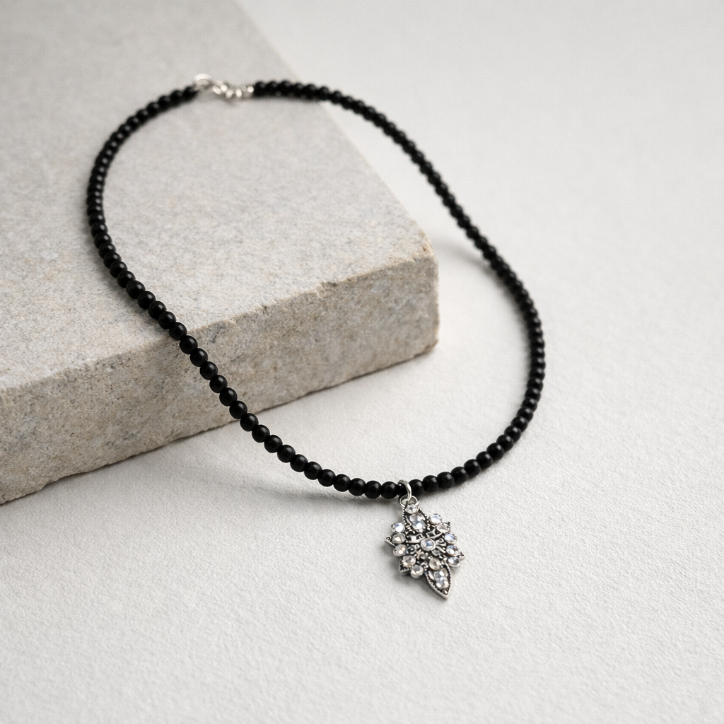 Onyx Necklace with Zirconia Pendant - Silver