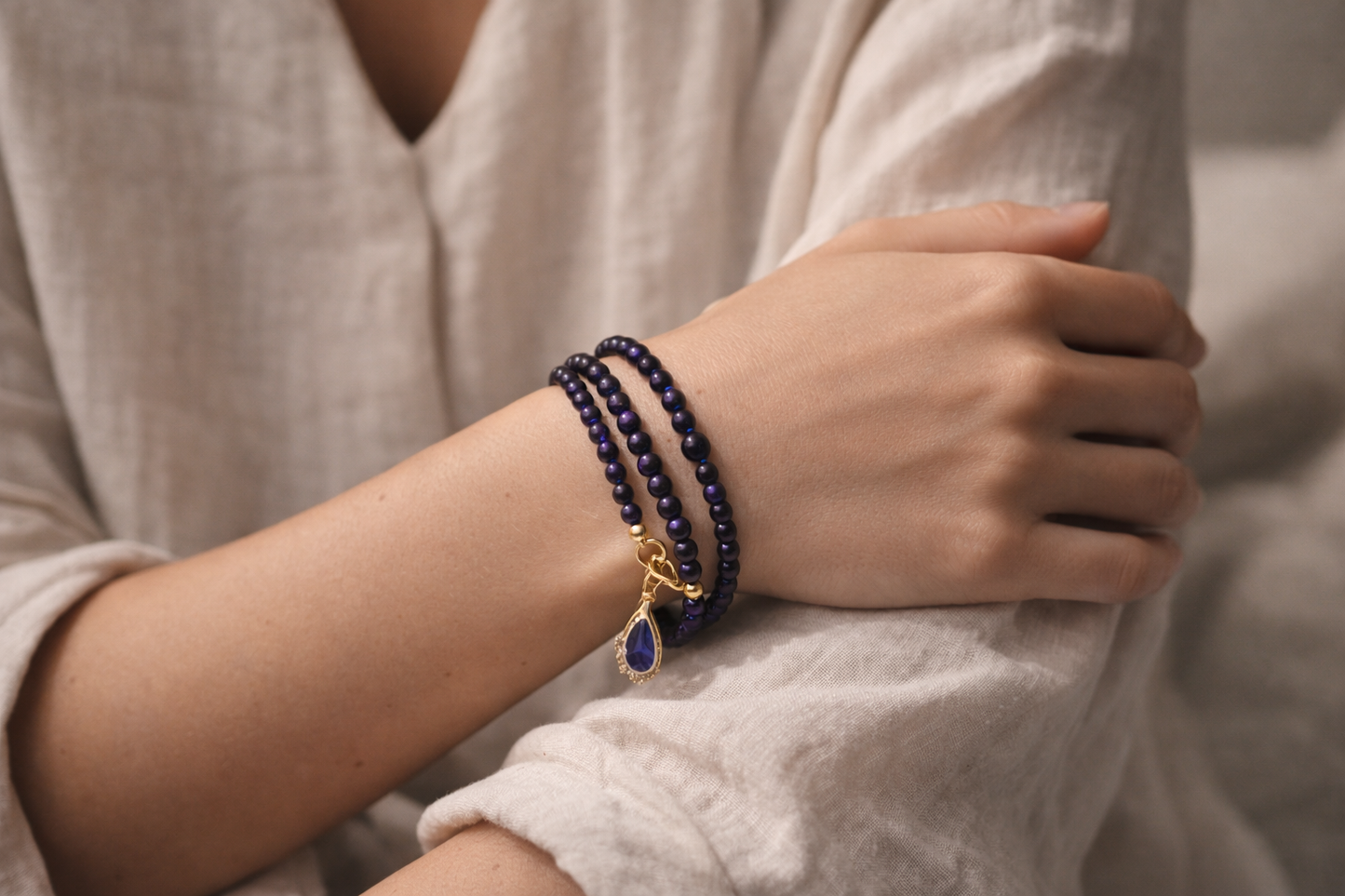 Purple Magnesite Double Bracelet with Purple Charm - Gold