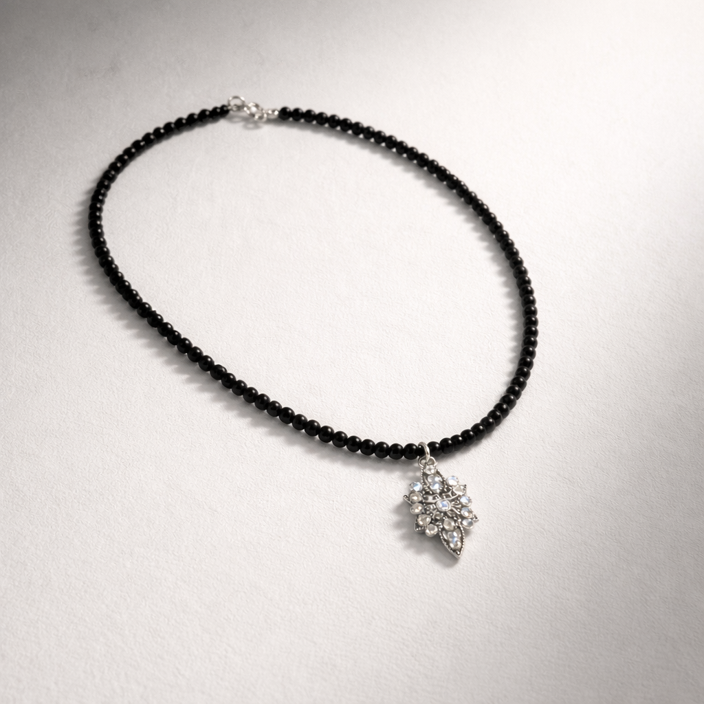 Onyx Necklace with Zirconia Pendant - Silver