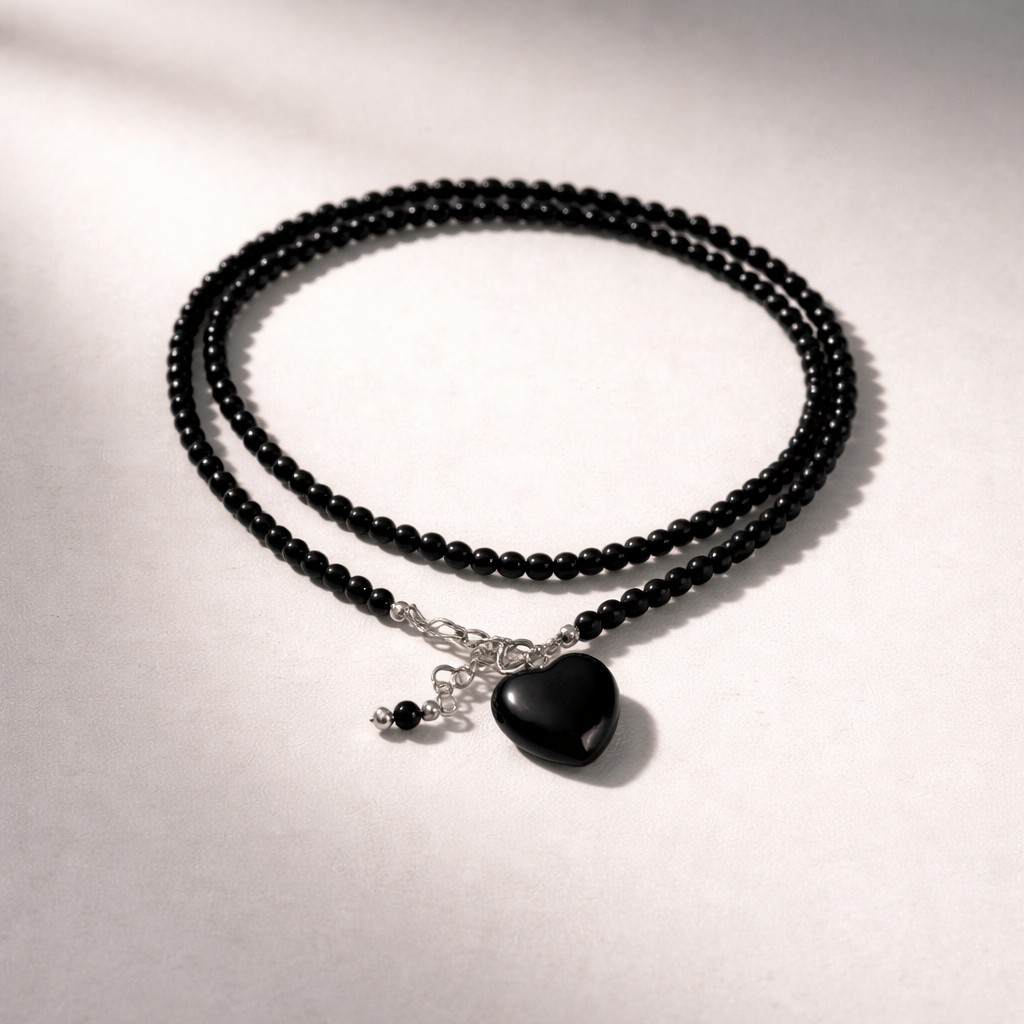Obsidian Double Bracelet With Heart Charm - Silver