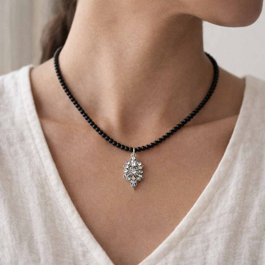 Onyx Necklace with Zirconia Pendant - Silver