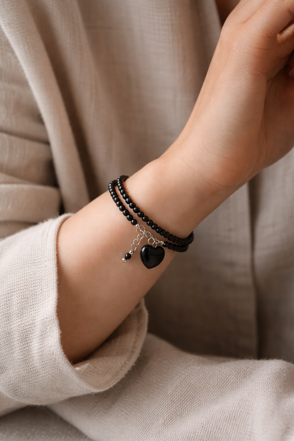 Obsidian Double Bracelet With Heart Charm - Silver