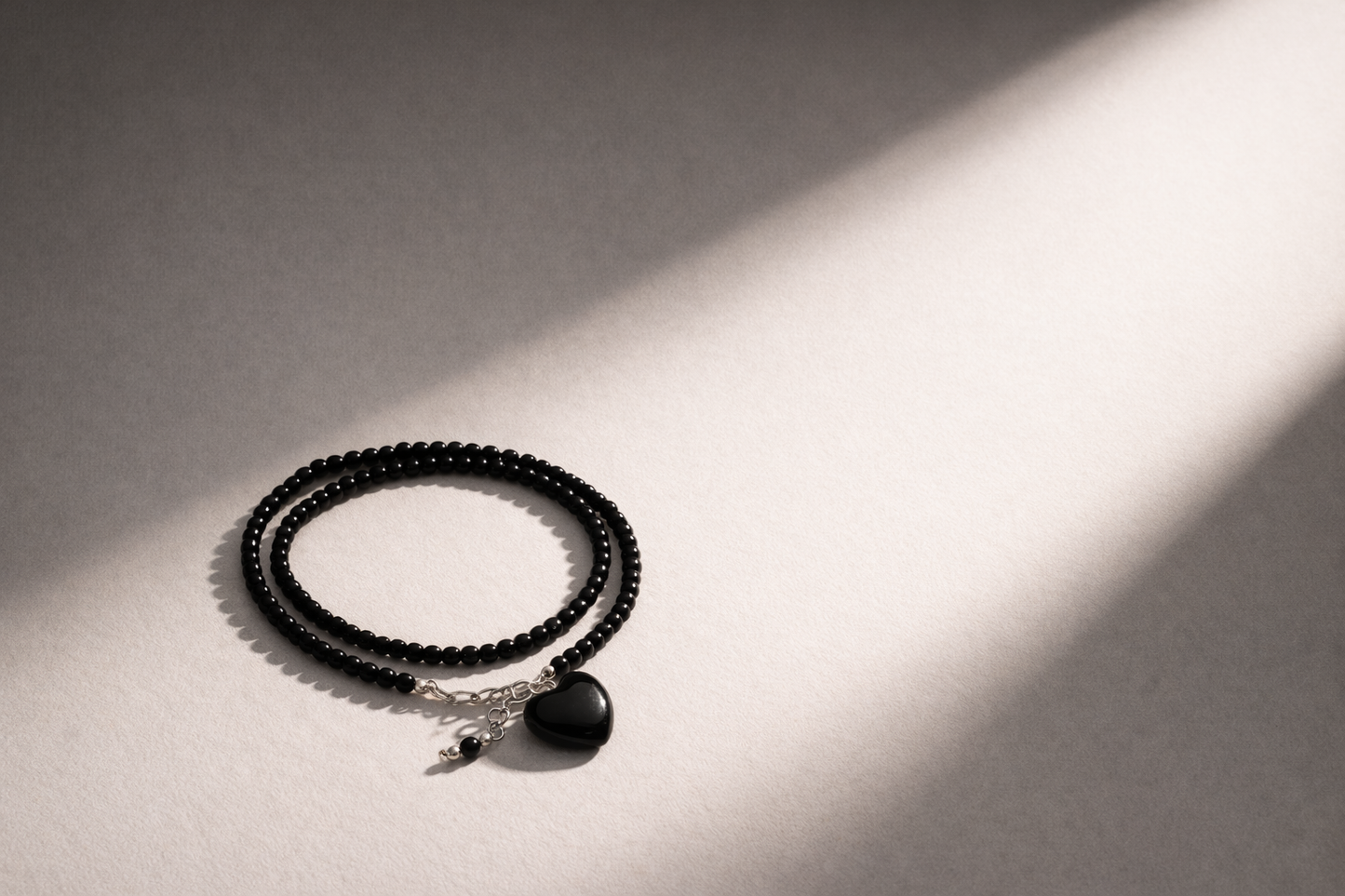 Obsidian Double Bracelet With Heart Charm - Silver