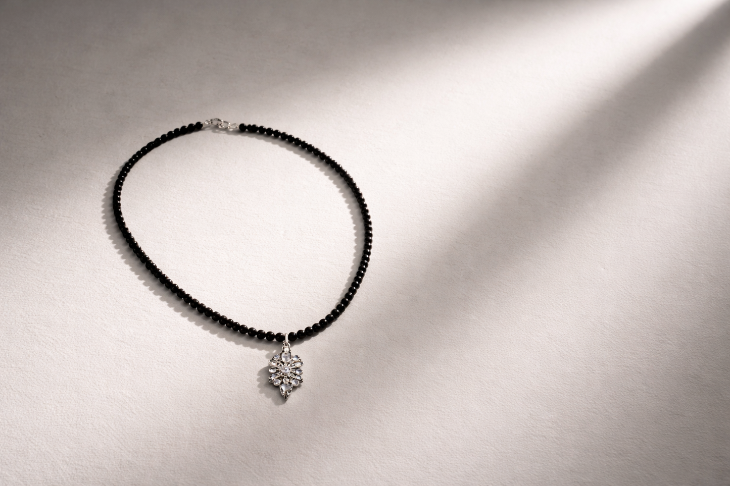 Onyx Necklace with Zirconia Pendant - Silver