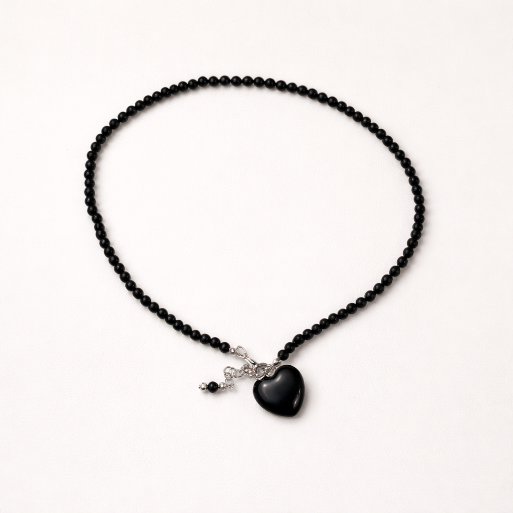 Obsidian Double Bracelet With Heart Charm - Silver