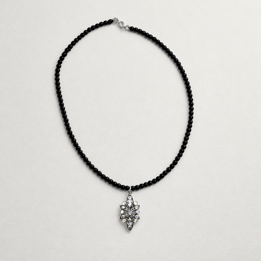 Onyx Necklace with Zirconia Pendant - Silver